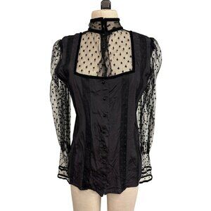 Victorian-Inspired Black Sheer Polka Dot Lace Blouse With High Neck and Button F